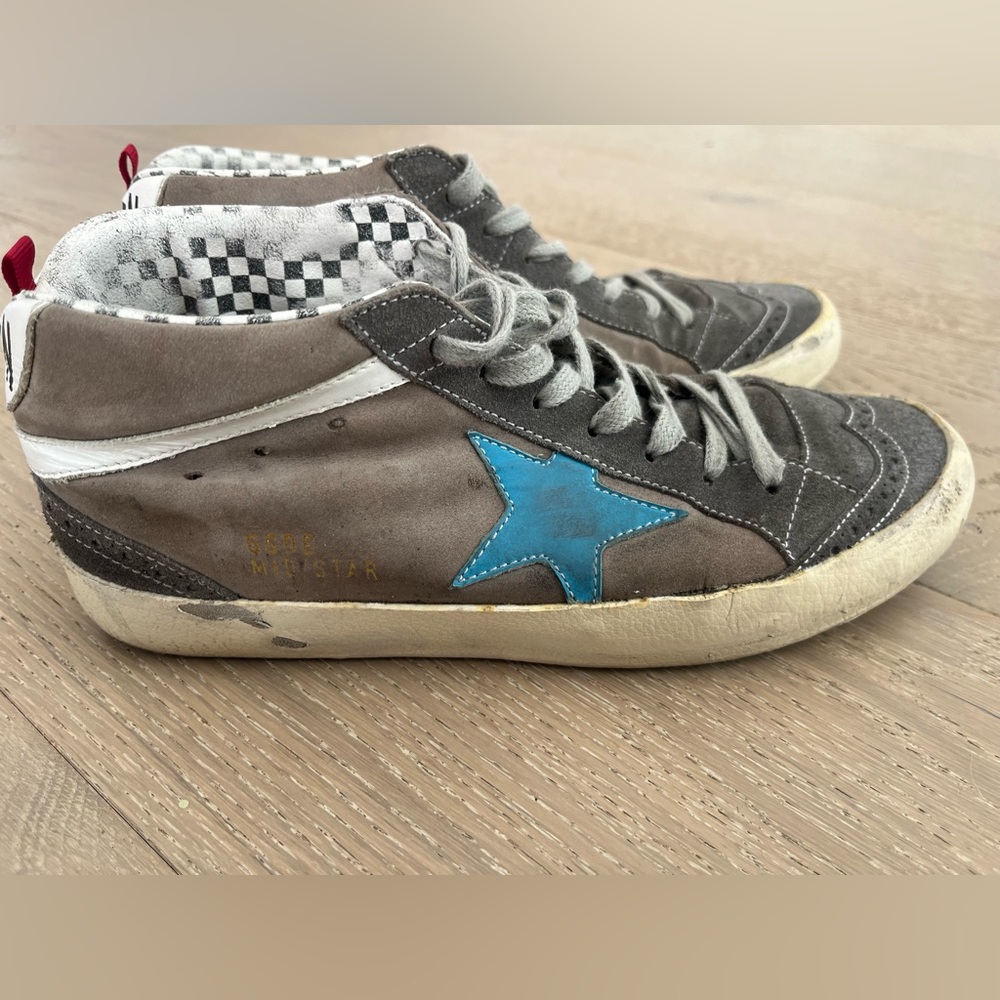 Golden Goose MidStar Gray Suede Sneakers with Blue Star Accent sz 38